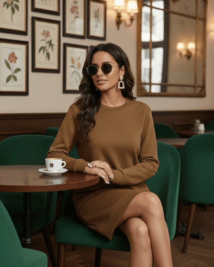 Sienna Mini Dress by Lauven, a casual brown sweatshirt dress with pockets, styled in a cozy cafe setting.