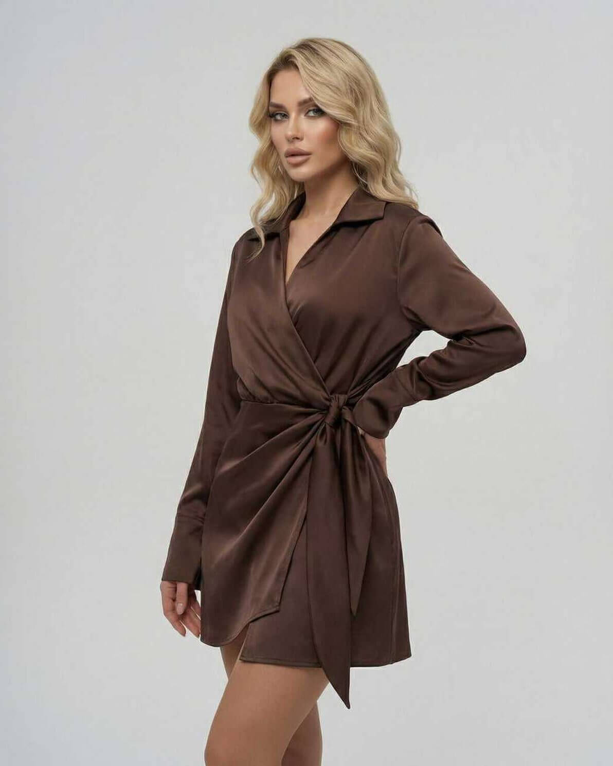 Sienna Mini Dress by Lauven - Elegant brown satin wrap dress showcasing a flattering fit and adjustable waist tie.