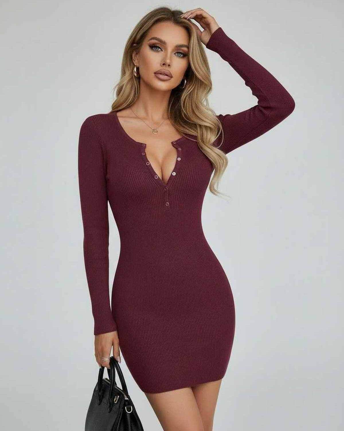 Sienna Mini Dress by Lauven, elegant burgundy long sleeve ribbed bodycon mini dress with buttons.