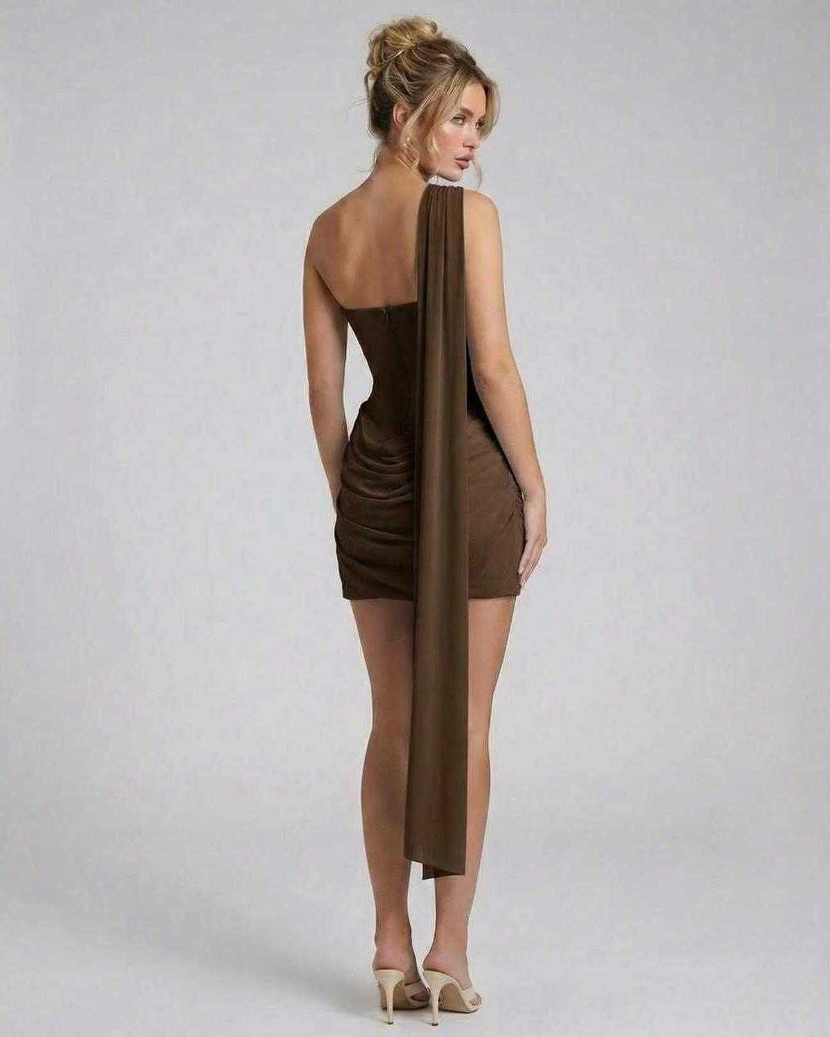 Sienna Mini Dress by Lauven featuring a one-shoulder design with draped ruffle detail at the back.