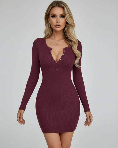 Sienna Mini Dress by Lauven - Elegant burgundy long sleeve ribbed bodycon mini dress with soft texture.
