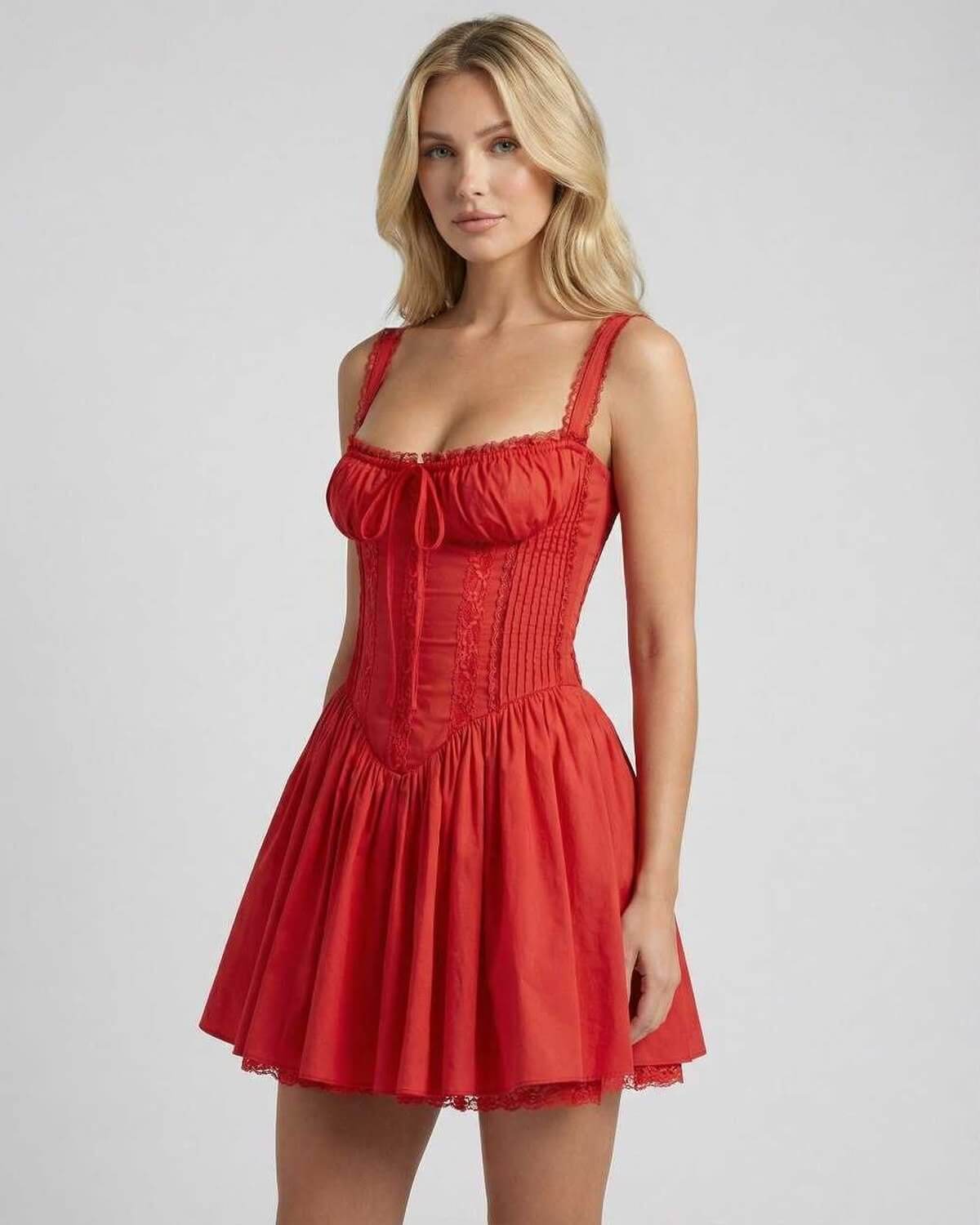 Sienna Mini Dress by Lauven - Red A-Line Mini Dress with Lace Trim and Bow Detail, highlighting a flattering silhouette.