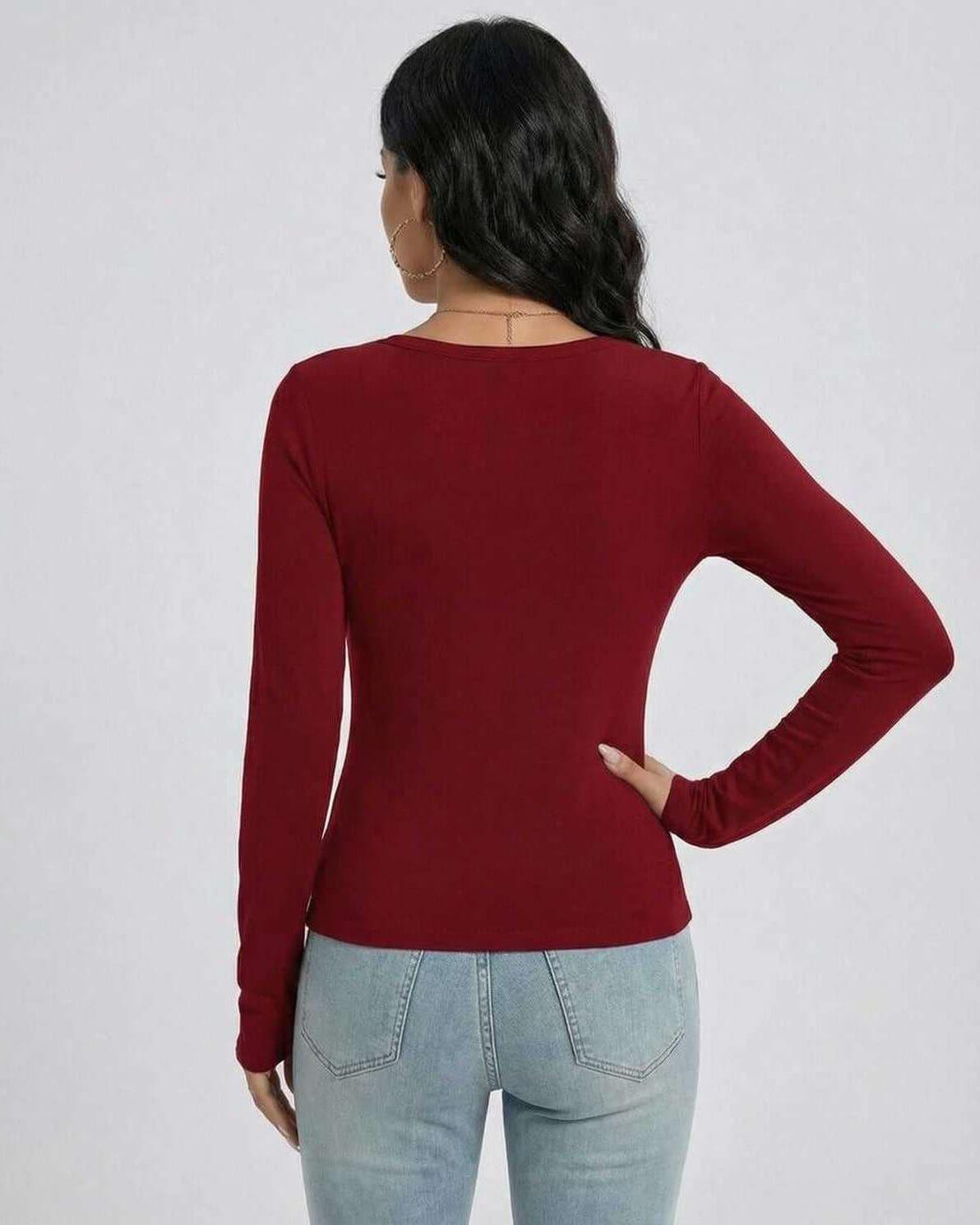 Back view of the Sienna Pullover from Lauven, a women’s slim fit V-neck long sleeve top in burgundy.