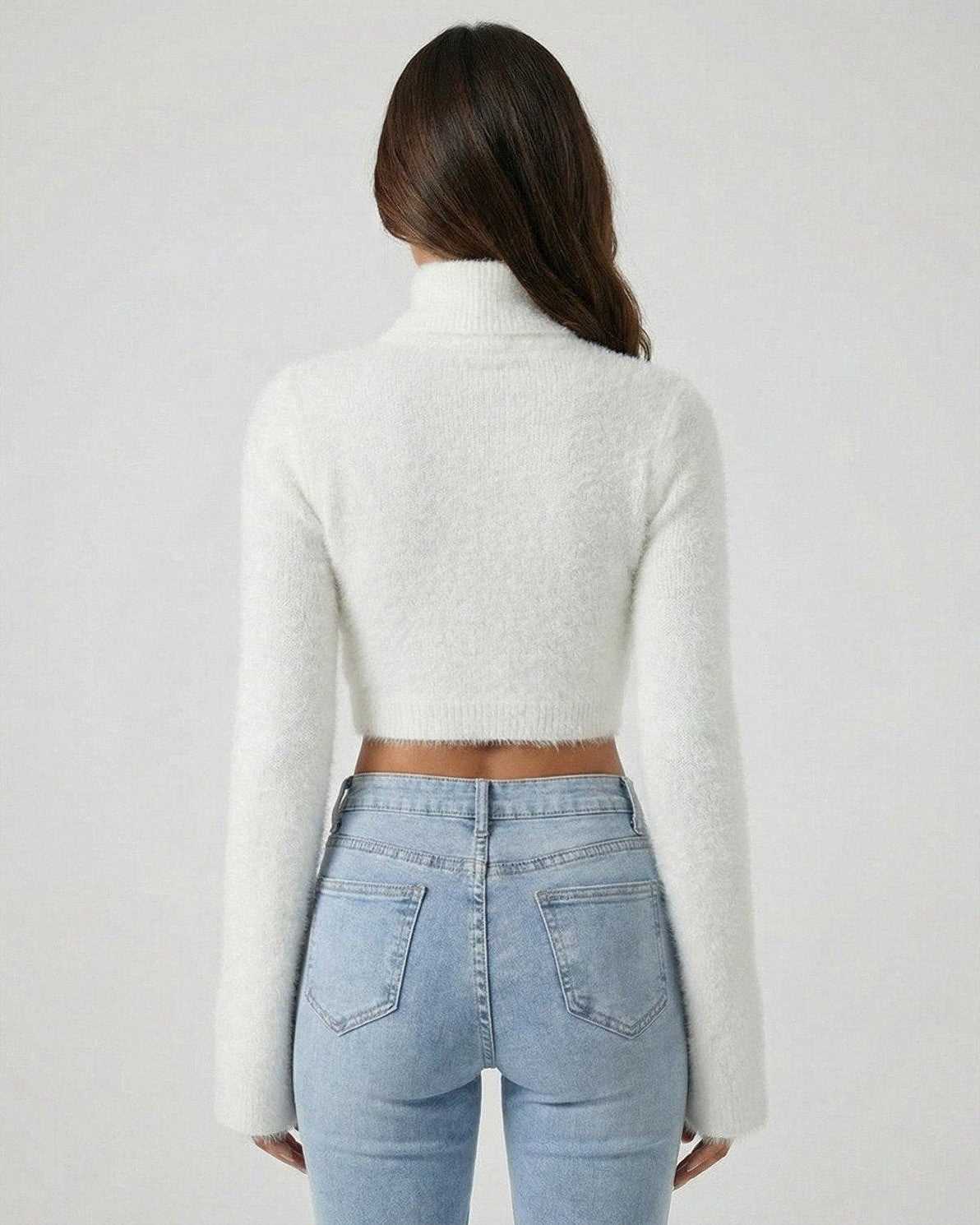 Sienna Pullover by Lauven, women's white pullover sweater featuring a high neck and stylish long sleeves.