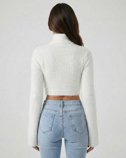 Sienna Pullover by Lauven, women's white pullover sweater featuring a high neck and stylish long sleeves.