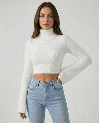 Sienna Pullover by Lauven, women's white high neck pullover sweater with long sleeves and chic cropped style.