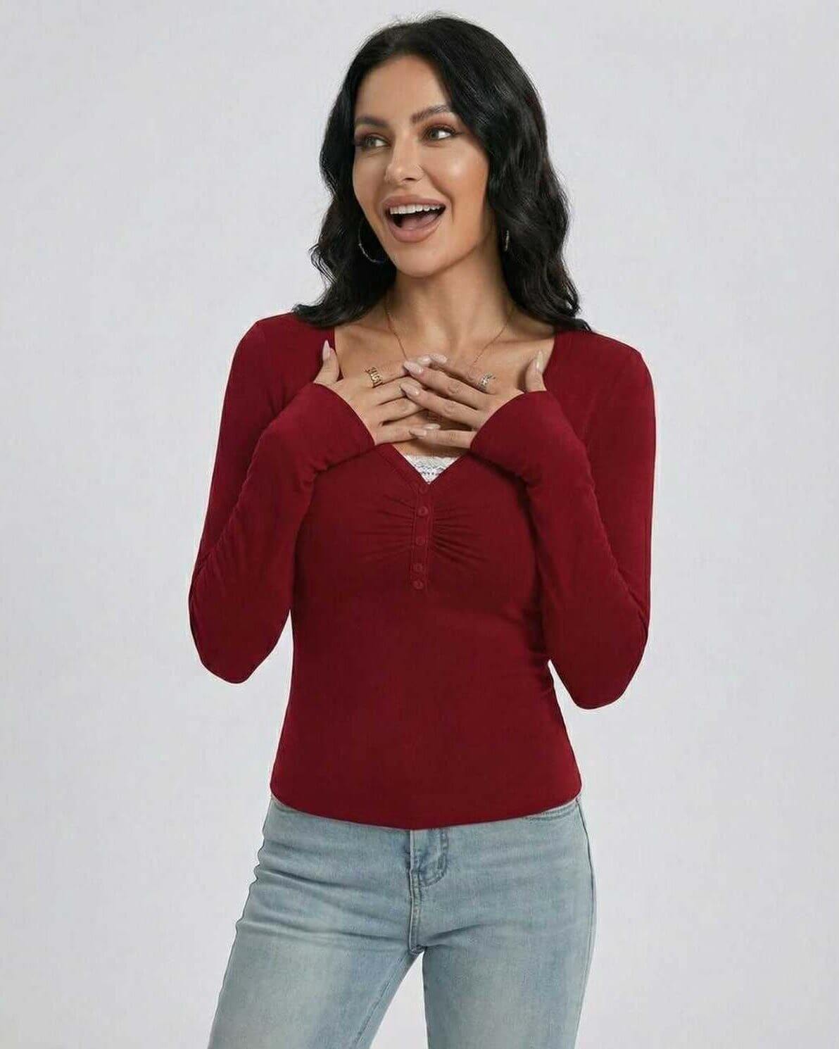 Sienna Pullover by Lauven, women's slim fit V-neck long sleeve pullover in red, featuring button detail.