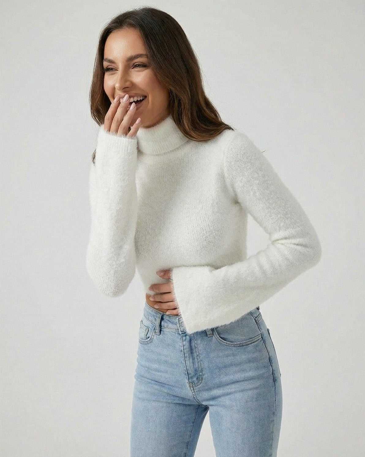 Sienna Pullover by Lauven – Women’s white high neck pullover sweater with long sleeves, perfect for modern styling.