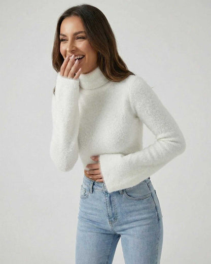 Sienna Pullover by Lauven – Women’s white high neck pullover sweater with long sleeves, perfect for modern styling.