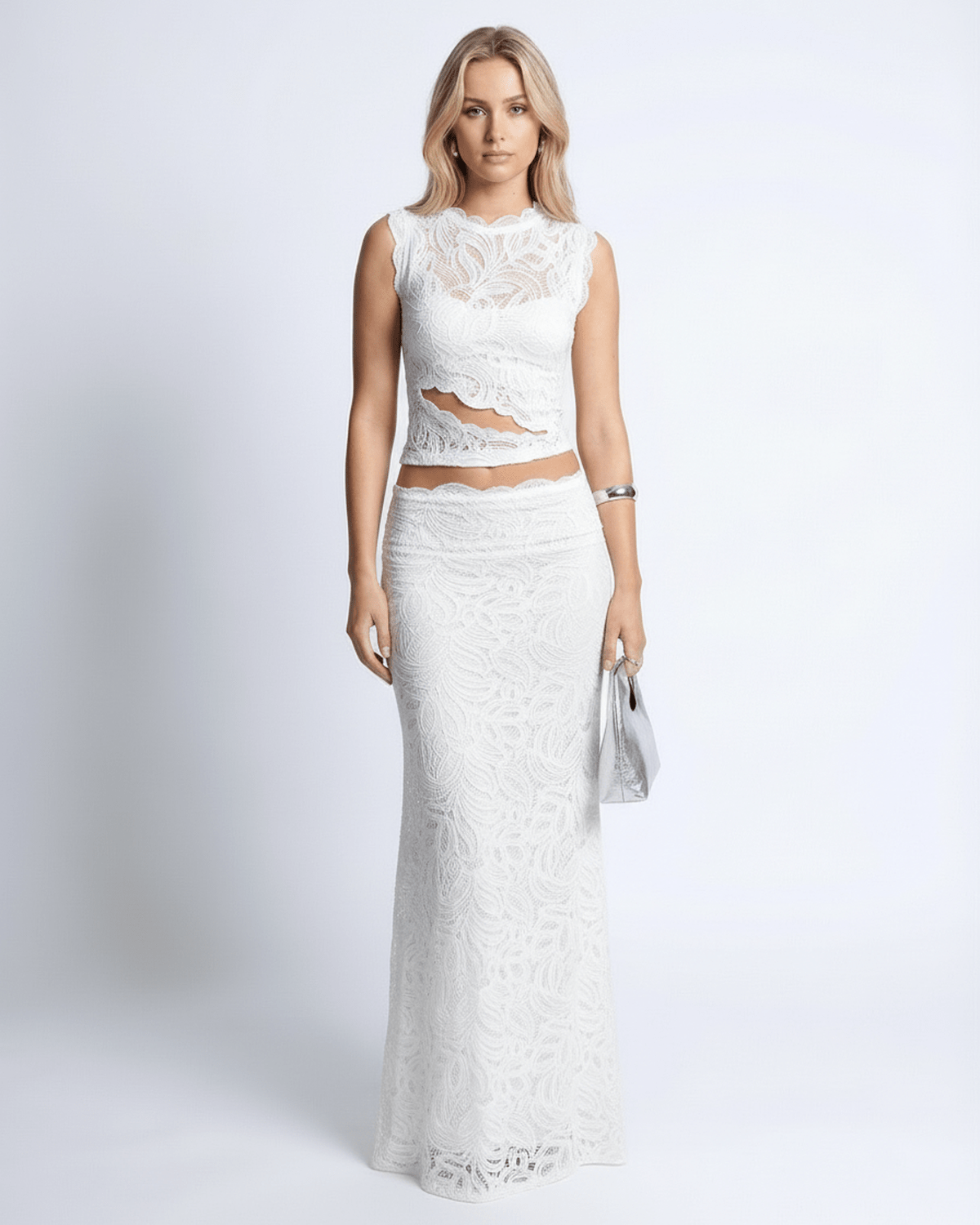 Sienna Set white lace two-piece, sleeveless crop top and high-waisted skirt for elegant occasions by Lauven.