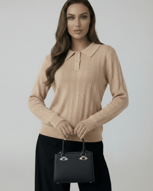 Sienna Sweater by Lauven - Women’s beige knit sweater with elegant collared long sleeves.