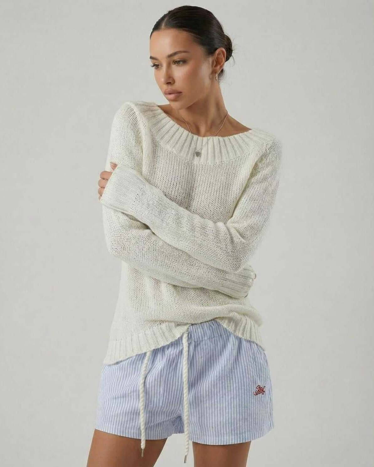 Sienna Sweater by Lauven, women's boat neck sweater featuring rib knit detail and relaxed fit, perfect for cooler days.