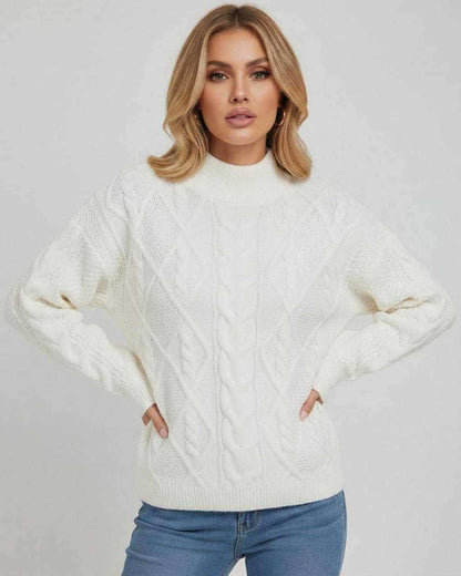 Sienna Sweater by Lauven – Women’s Oversized Cable Knit Sweater in white for effortless fall winter style.