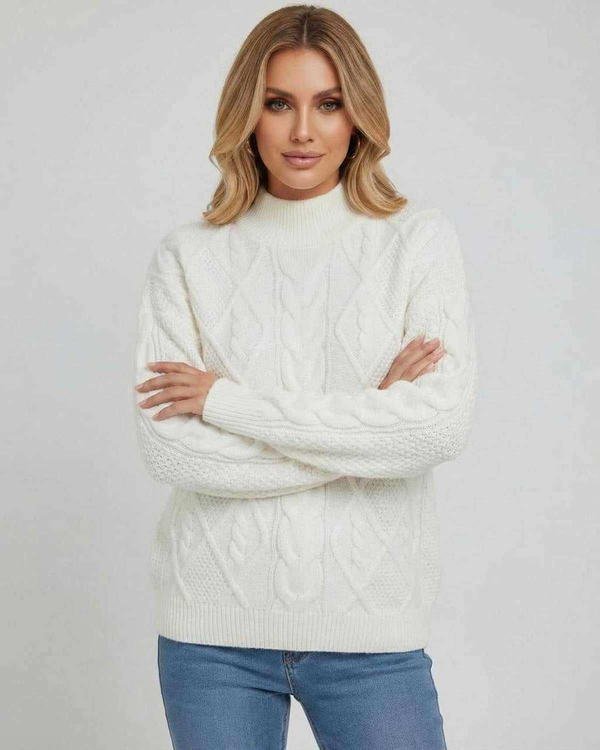Sienna Sweater by Lauven – Women’s Oversized Cable Knit Sweater in cream for effortless style and comfort.