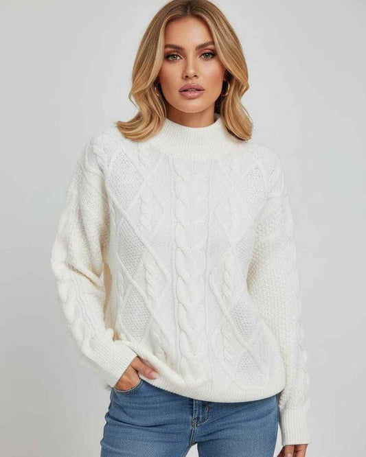 Sienna Sweater by Lauven – Women’s Oversized Cable Knit Sweater in white, perfect for fall and winter style.