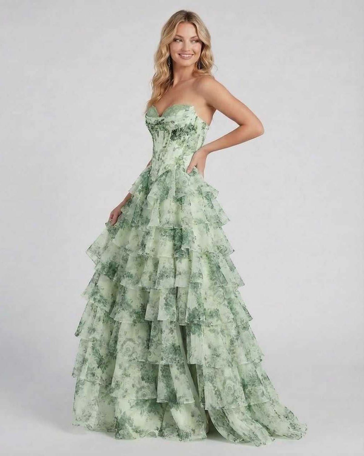 Sierra Maxi Dress by Lauven, light green floral tiered chiffon gown with structured corset bodice and sweetheart neckline.