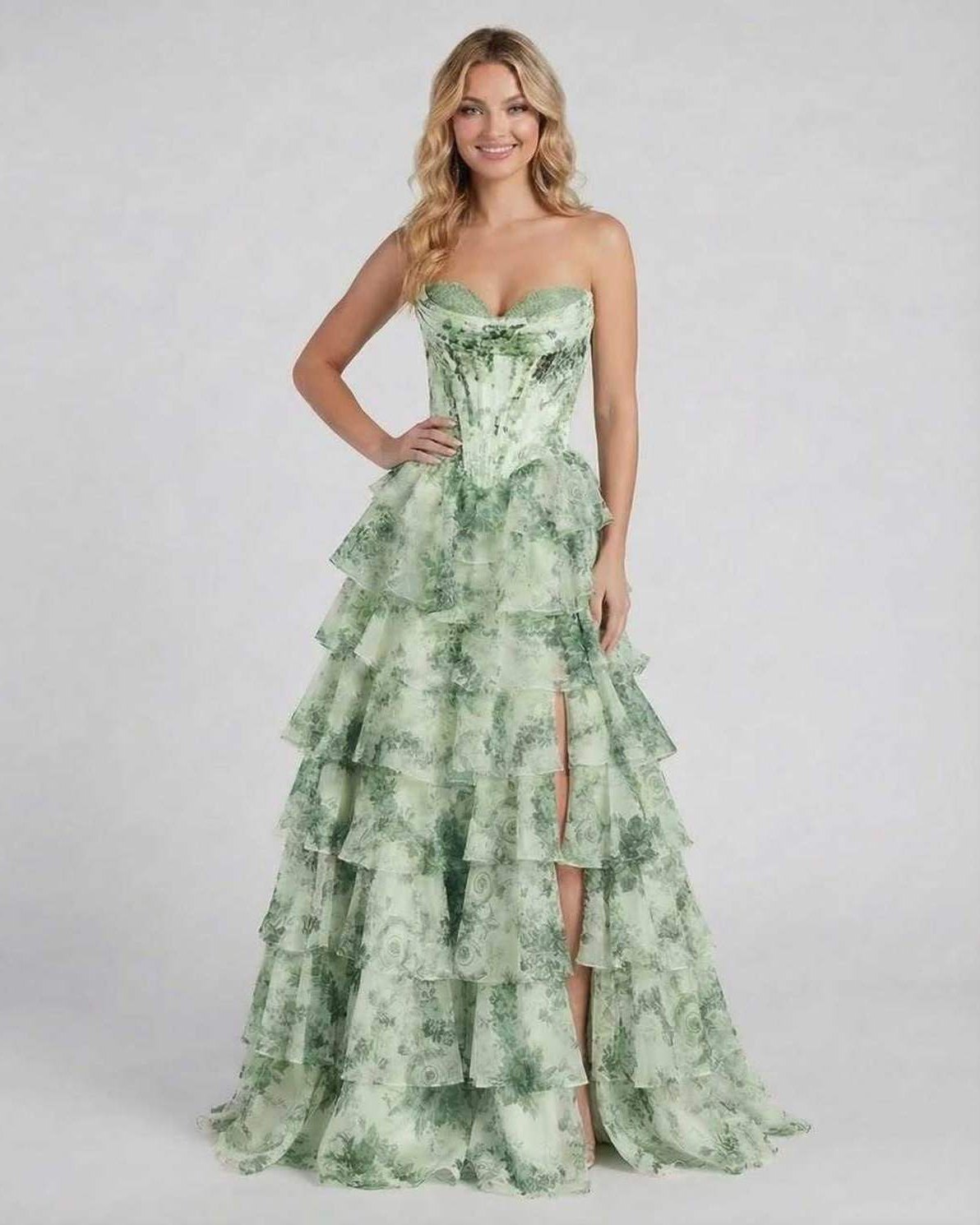 Sierra Maxi Dress by Lauven - Light green floral tiered chiffon gown with structured corset and sweetheart neckline.