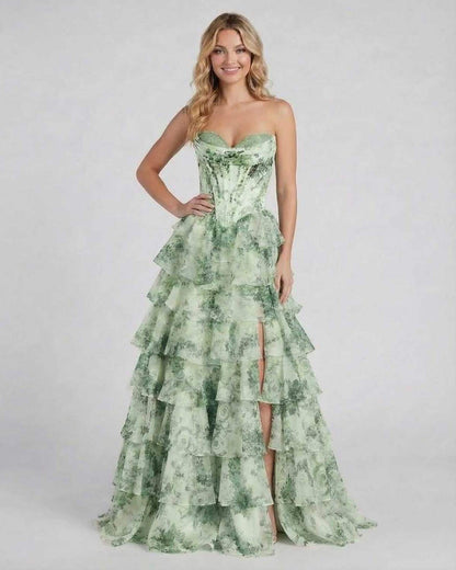 Sierra Maxi Dress by Lauven - Light green floral tiered chiffon gown with structured corset and sweetheart neckline.