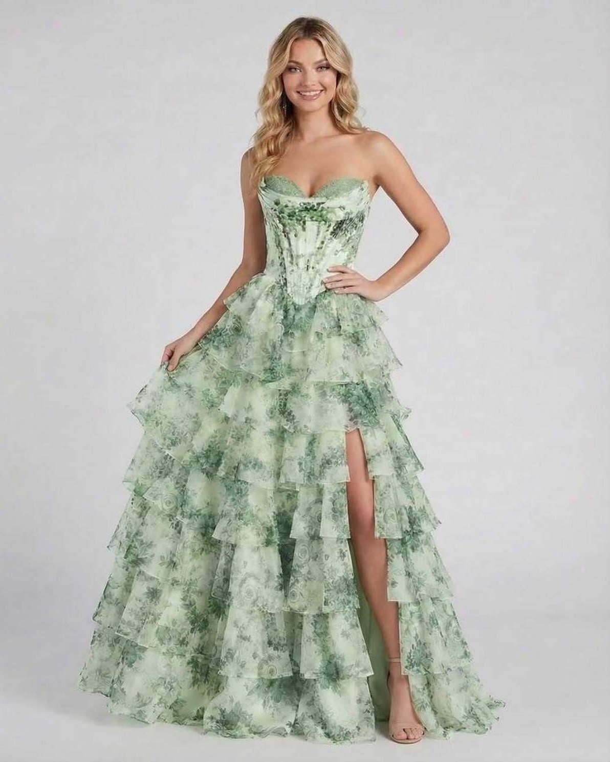 Sierra Maxi Dress by Lauven - Light green floral tiered chiffon gown with structured corset and sweetheart neckline.