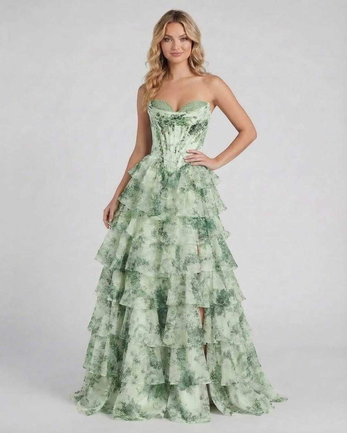 Sierra Maxi Dress by Lauven, light green floral tiered chiffon gown with sweetheart neckline.