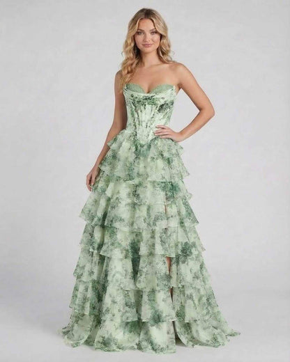 Sierra Maxi Dress by Lauven, light green floral tiered chiffon gown with sweetheart neckline.