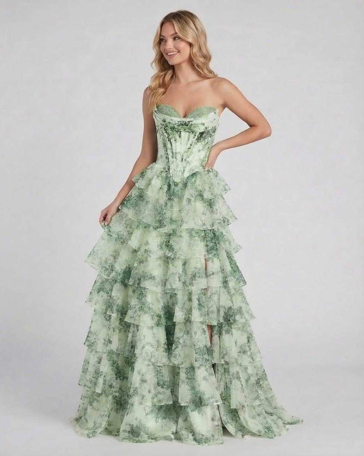 Sierra Maxi Dress by Lauven featuring a light green floral tiered chiffon design with a structured corset bodice.