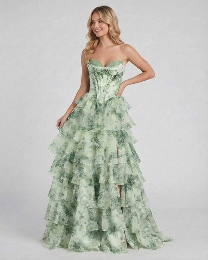 Sierra Maxi Dress by Lauven featuring a light green floral tiered chiffon design with a structured corset bodice.