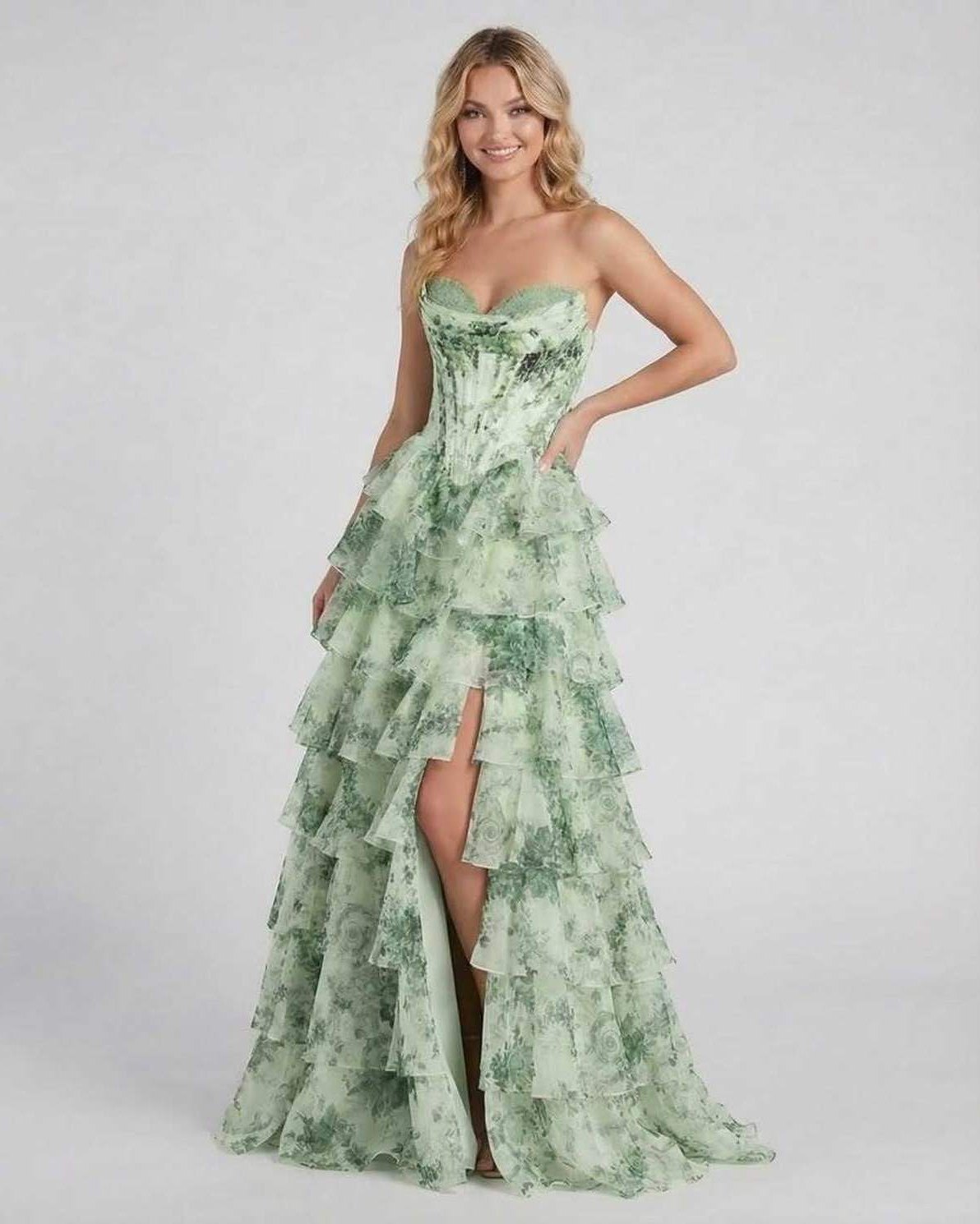 Sierra Maxi Dress by Lauven, light green floral tiered chiffon gown with sweetheart neckline and flowing silhouette.