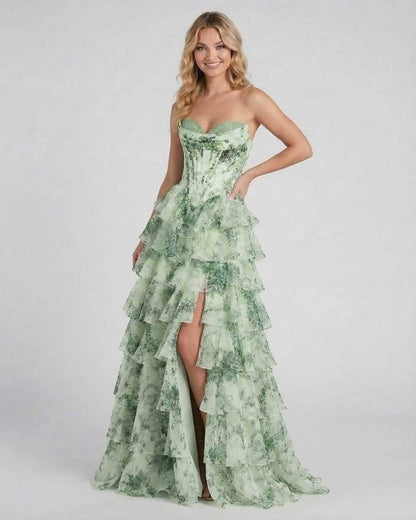 Sierra Maxi Dress by Lauven, light green floral tiered chiffon gown with sweetheart neckline and flowing silhouette.