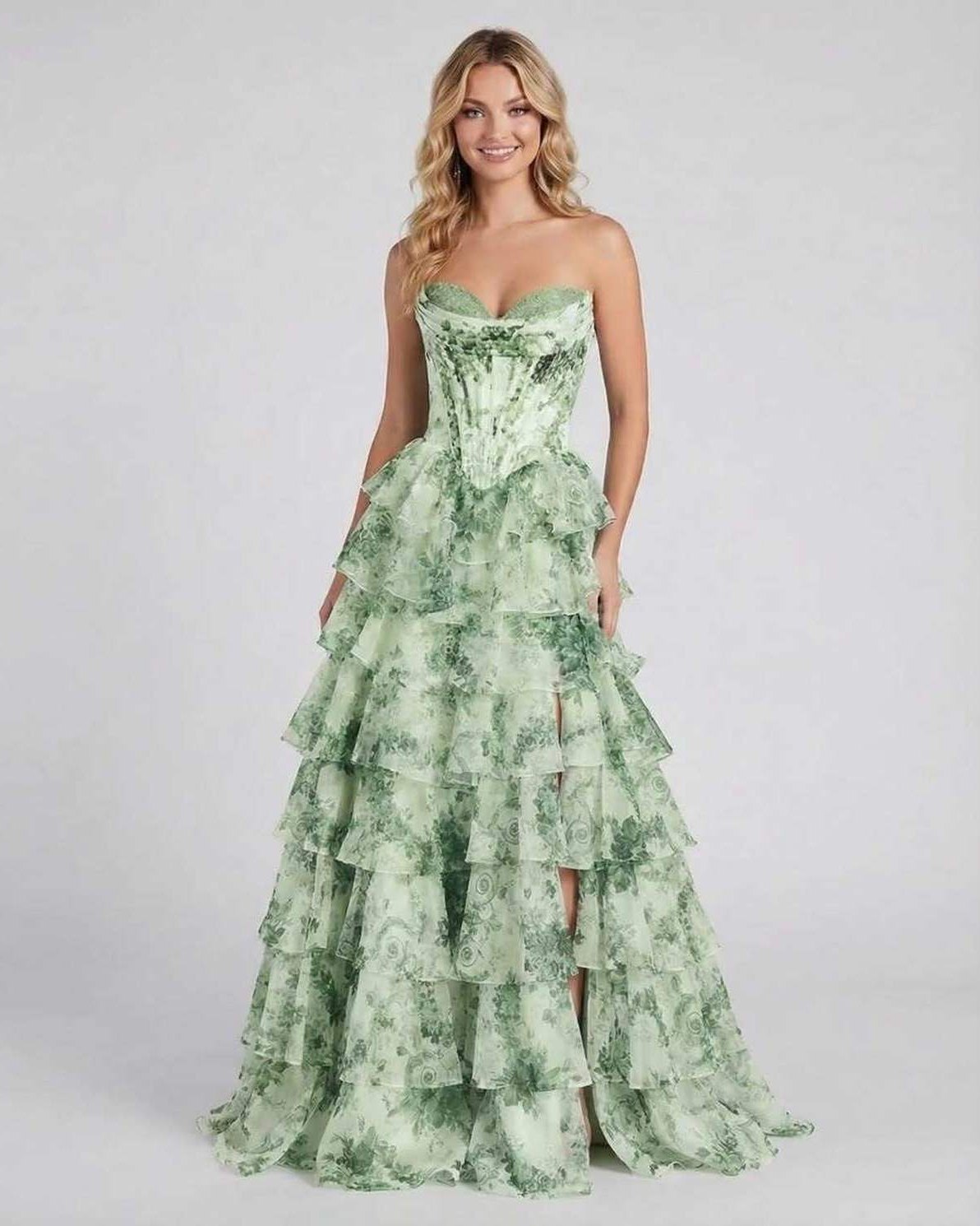 Sierra Maxi Dress by Lauven, light green floral tiered chiffon gown with structured corset bodice and flowing silhouette.