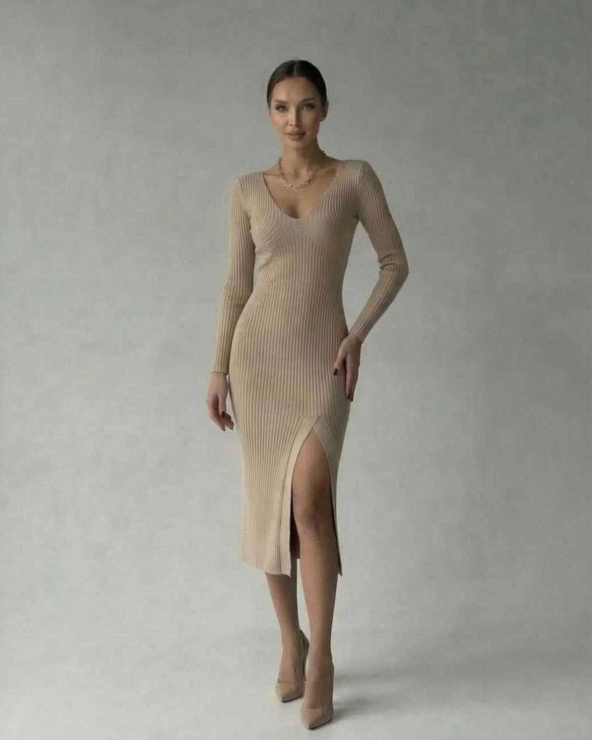 Sierra Midi Dress by Lauven, ribbed knit pencil dress with V-neck and side slit for modern elegance.