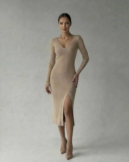 Sierra Midi Dress by Lauven, ribbed knit pencil dress with V-neck and side slit for modern elegance.