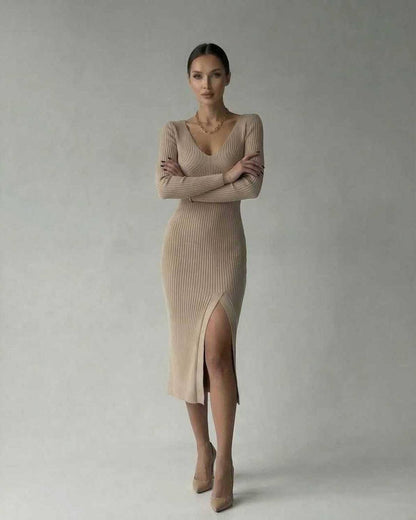 Sierra Midi Dress by Lauven, sleek ribbed knit pencil dress with V-neck and side slit.