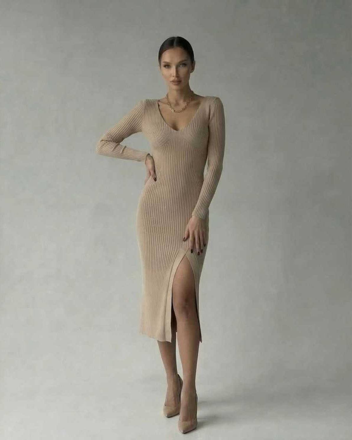 Sierra Midi Dress by Lauven - Sleek ribbed knit pencil dress with V-neck for modern elegance.