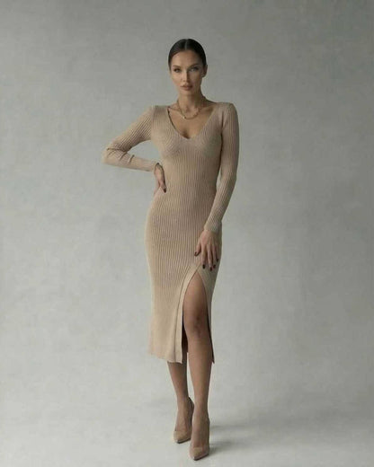 Sierra Midi Dress by Lauven - Sleek ribbed knit pencil dress with V-neck for modern elegance.