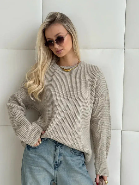 Sierra Sweater by Lauven, oversized beige knit with crew neck, stylish and comfortable for cooler weather.