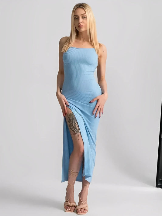Sky Lace Midi Dress in soft blue with ribbed bodycon fit and high side slit, showcasing an open corset back.
