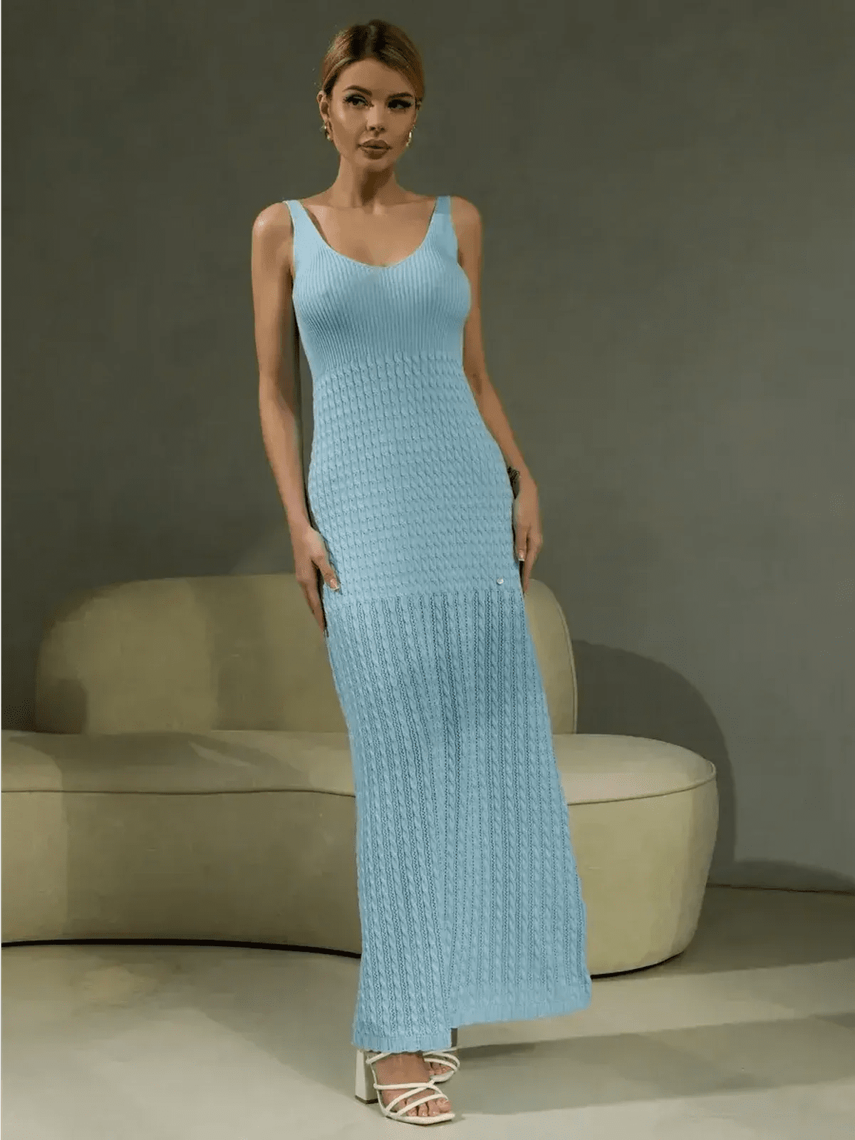 Skyline Maxi Dress in sky blue, showcasing rib knit elegance, perfect for summer or formal occasions.