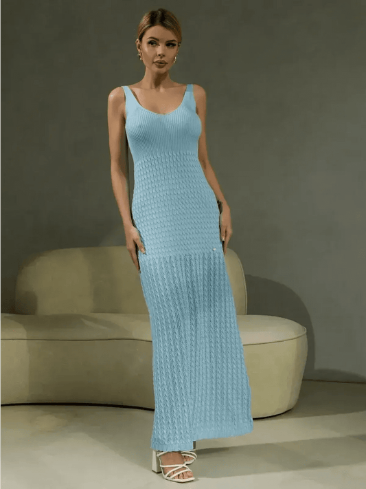 Skyline Maxi Dress in sky blue, showcasing rib knit elegance, perfect for summer or formal occasions.
