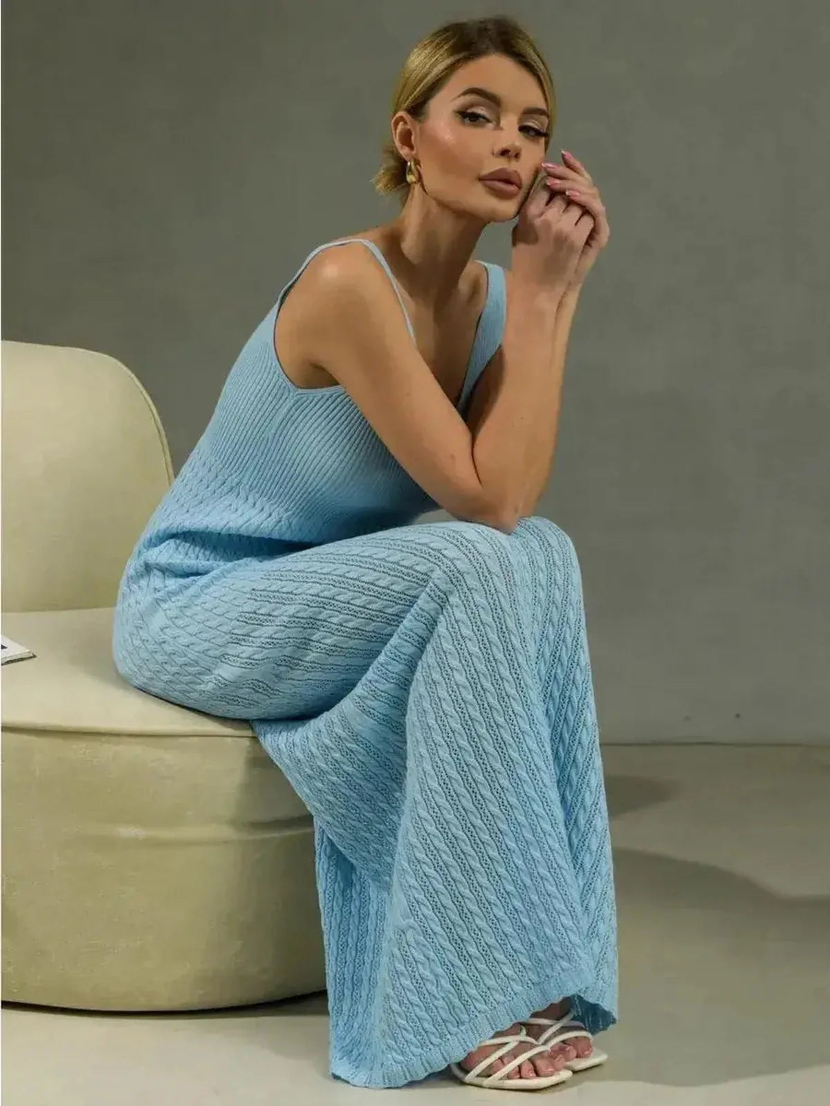 Skyline Maxi Dress in sky blue, showcasing rib knit elegance, perfect for summer, weddings, and formal occasions.