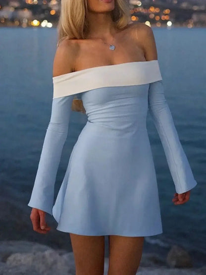 Skyline Muse sky blue mini dress with off-the-shoulder design and flared long sleeves, perfect for summer occasions.