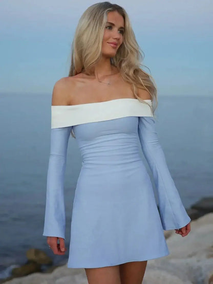Skyline Muse sky blue off-the-shoulder mini dress with white fold-over neckline, perfect for summer weddings and parties.