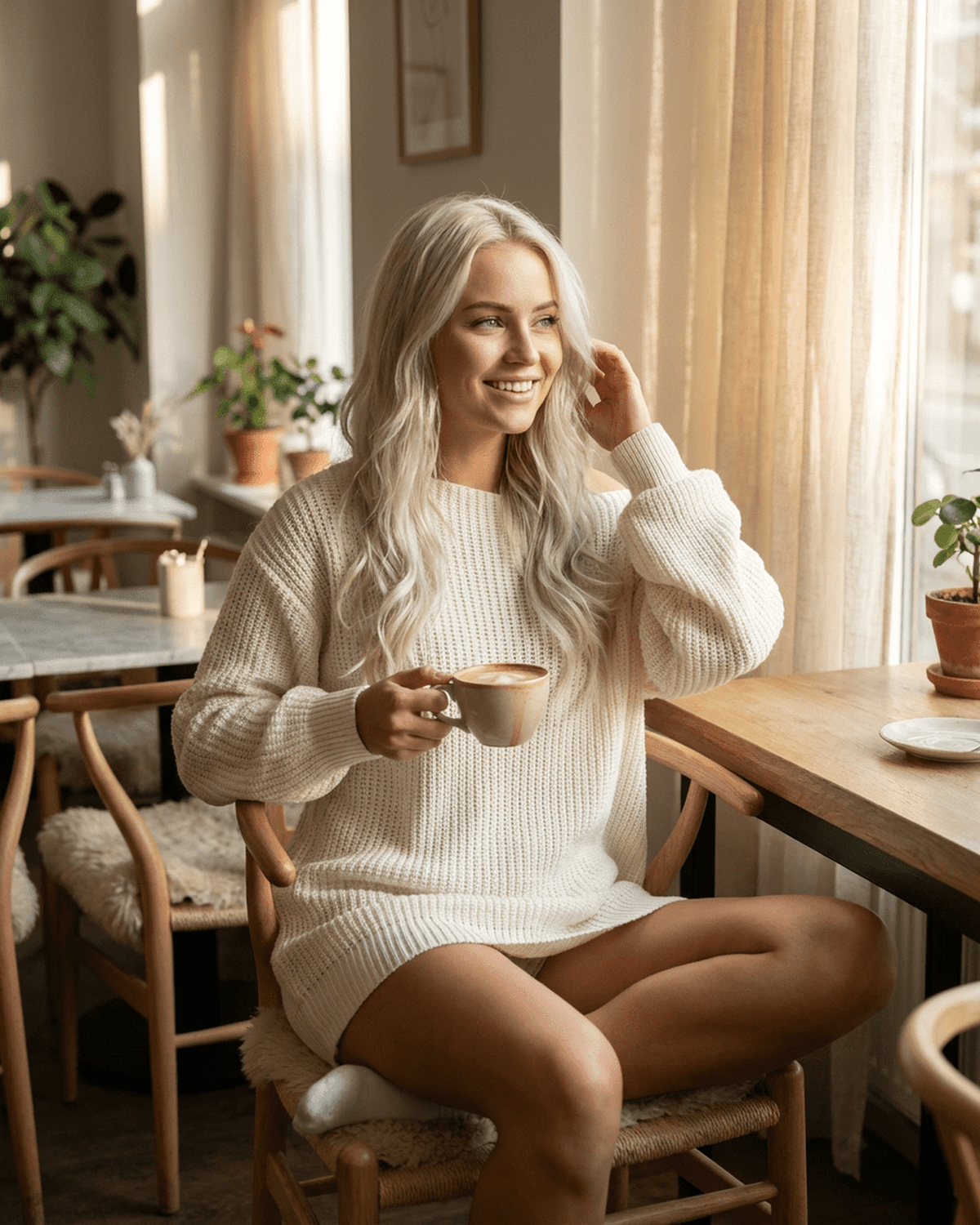 Aurora Mini Dress by Lauven, white ribbed knit off-the-shoulder style worn in a cozy cafe setting.