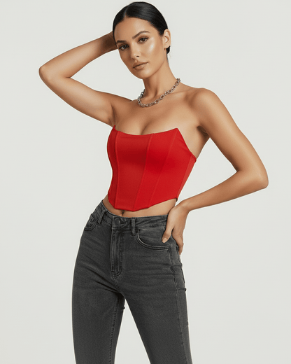 Solara Corset Top in vibrant red velvet by Lauven, featuring a structured silhouette and modern design.