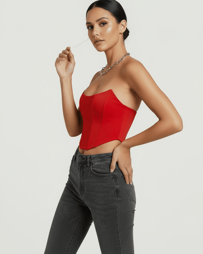 Solara Corset Top by Lauven in vibrant red velvet, featuring structured silhouette and elegant design.