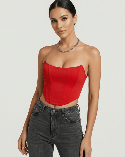 Solara Corset Top by Lauven in vibrant red velvet, featuring a structured silhouette and boned design.