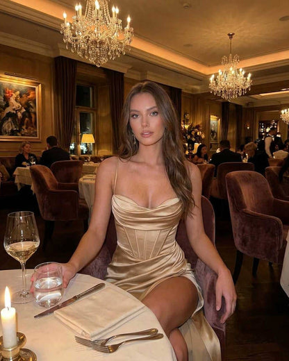 Solara Maxi Dress by Lauven, a luxurious champagne satin gown with high slit, perfect for elegant evening occasions.