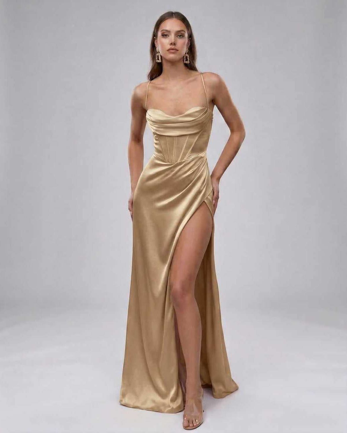 Solara Maxi Dress by Lauven - Luxurious champagne satin gown with high slit for an elegant evening look.