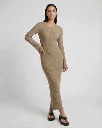 Lauven Solara Maxi Dress in warm taupe, featuring ribbed knit fabric and long flared sleeves.