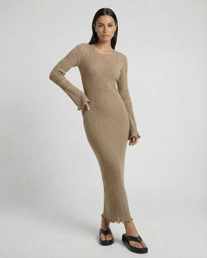 Lauven Solara Maxi Dress features elegant ribbed knit in warm taupe, long flared sleeves and comfortable fit.